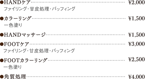 ・ハンドケア・・・￥２０００
・カラーリング・・・￥１５００
・ハンドマッサージ・・・￥１５００
・フットケア・・・￥３０００
・フットカラーリング・・・￥２５００
・角質処理・・・￥４０００